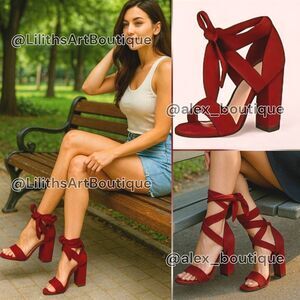 Wild Diva Lounge Red Suede Strappy Chunky Block Heel Sandals(F037)-Size 9